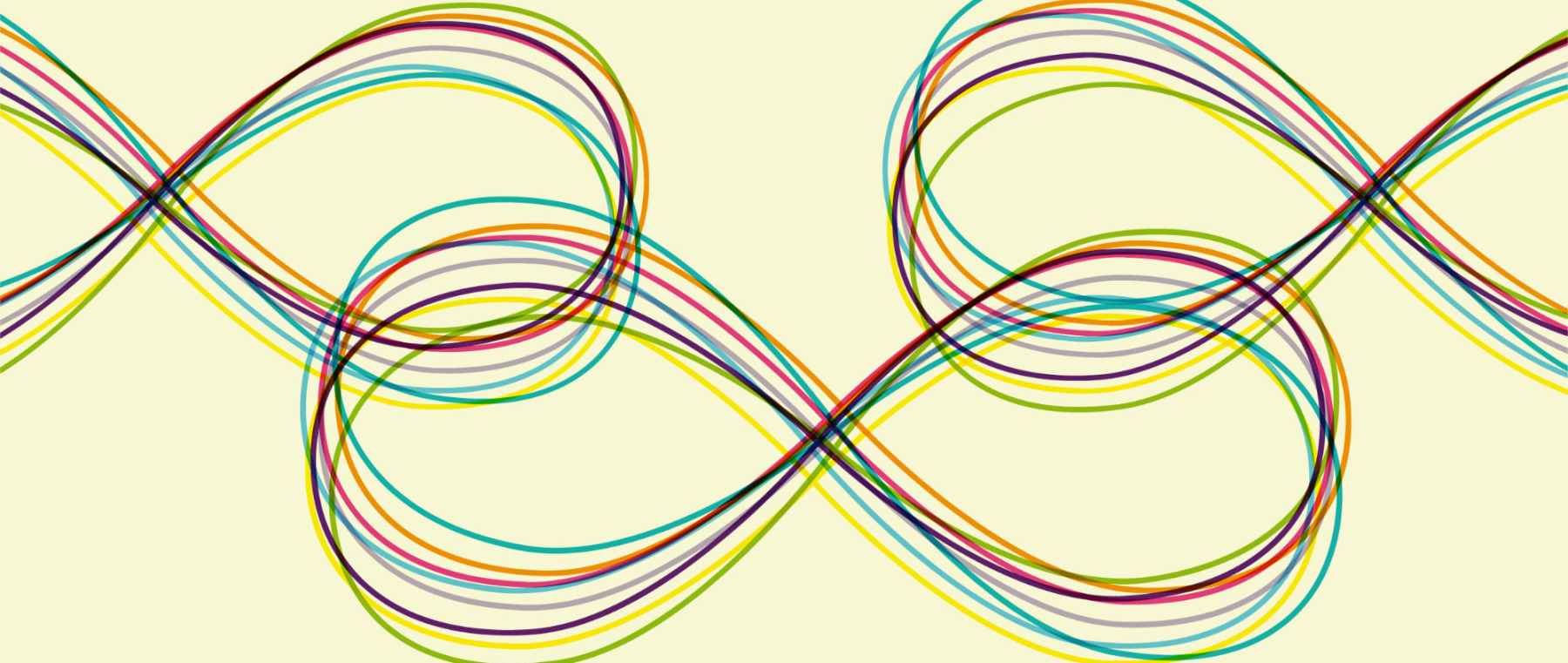 Bunte, sich überlagernde geschwungene Linien in Form von Unendlichkeitszeichen auf hellgelbem Hintergrund. Sie symbolisieren Vernetzung und Bewegung.