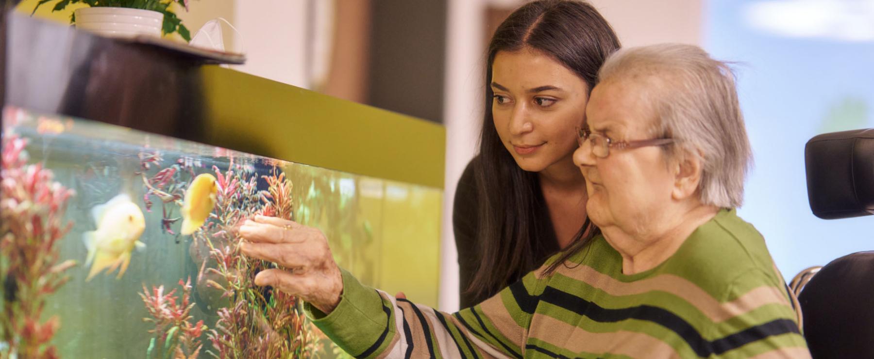 Eine junge Frau und eine Seniorin im Rollstuhl betrachten gemeinsam ein Aquarium. Die Seniorin zeigt auf einen gelben Fisch.